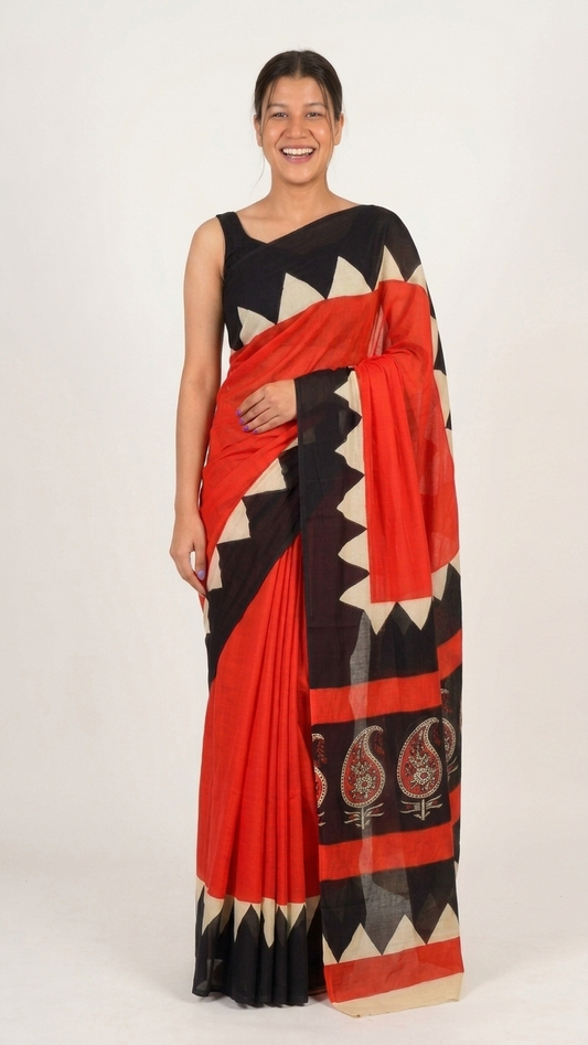 Hand Block Print Cotton Saree in Red & Black – Bold Zigzag Border with Paisley Pallu