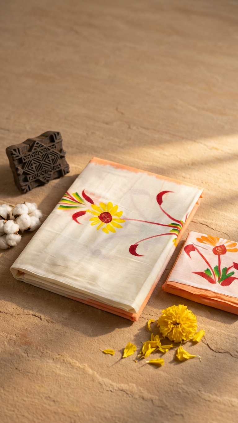 Ivory Floral Printed Cotton Saree with Peach Border