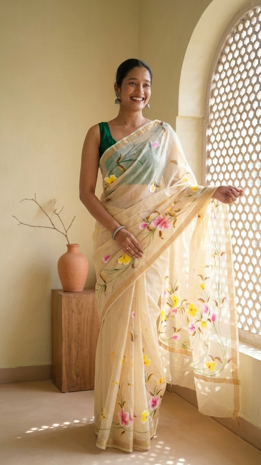 Butter Yellow Kota Saree with Hand-Painted Floral Motifs