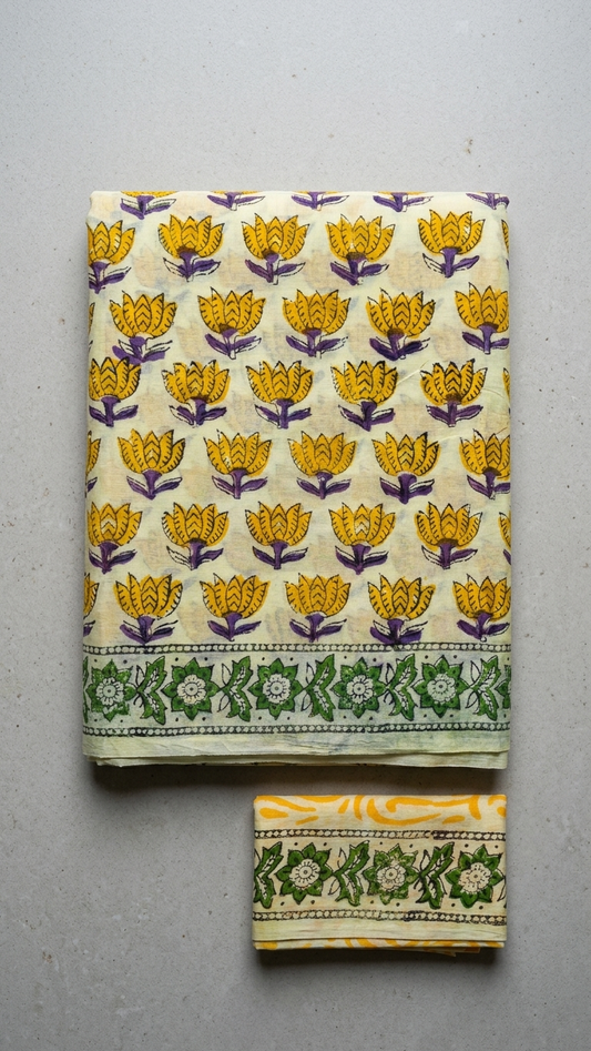 Ivory Yellow Floral Handblock Printed Cotton Saree with Green Border