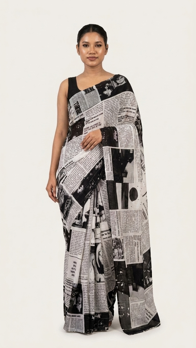 Monochrome Newspaper Print Saree