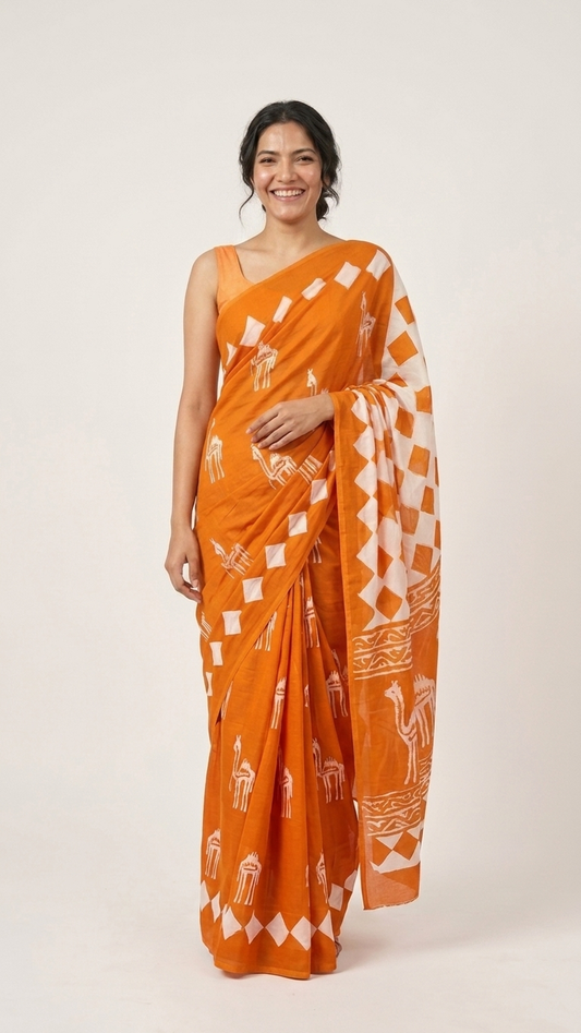 Hand Block Print Cotton Saree in Tangerine Orange – Camel & Folk Motifs with Diamond Checker Pallu