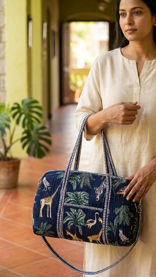 Navy Blue Safari Jungle Quilted Duffle Bag