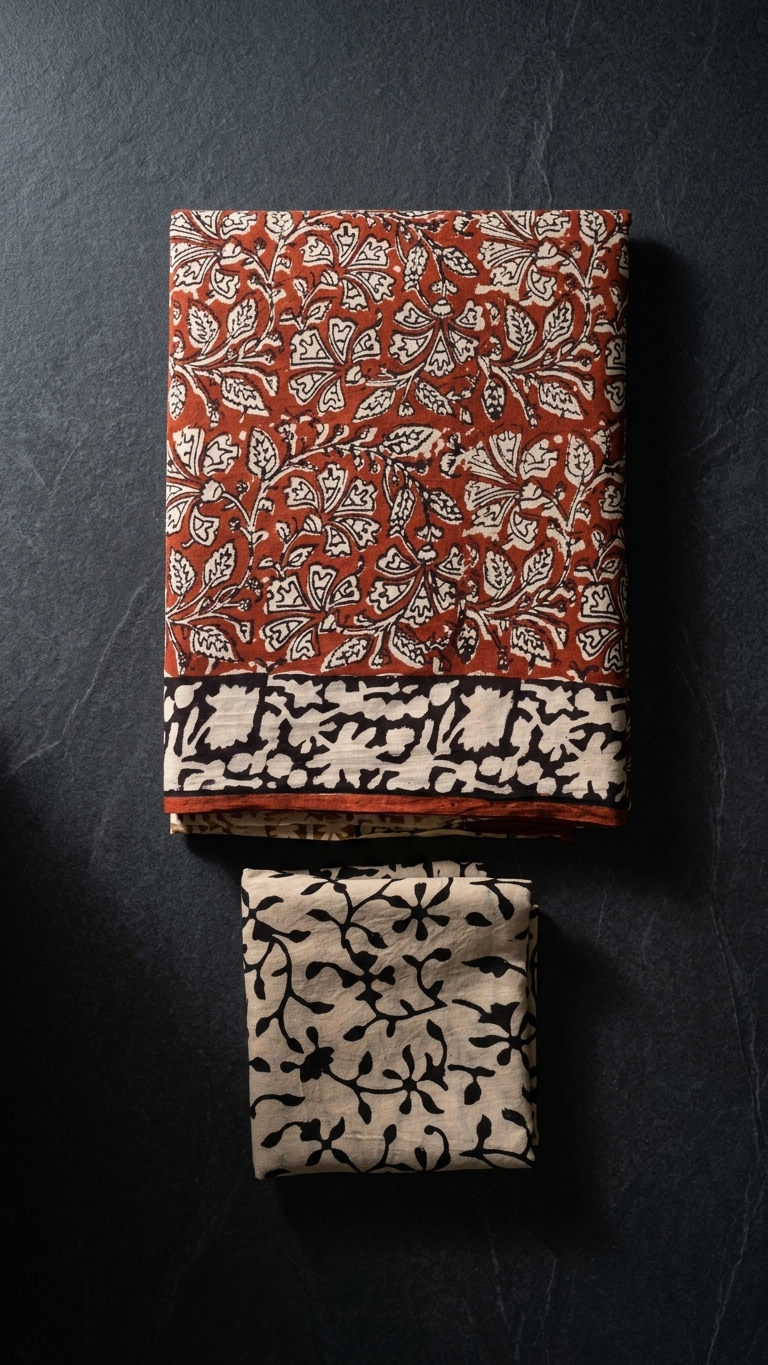 Rust Brown Handblock Printed Cotton Saree with Floral Border