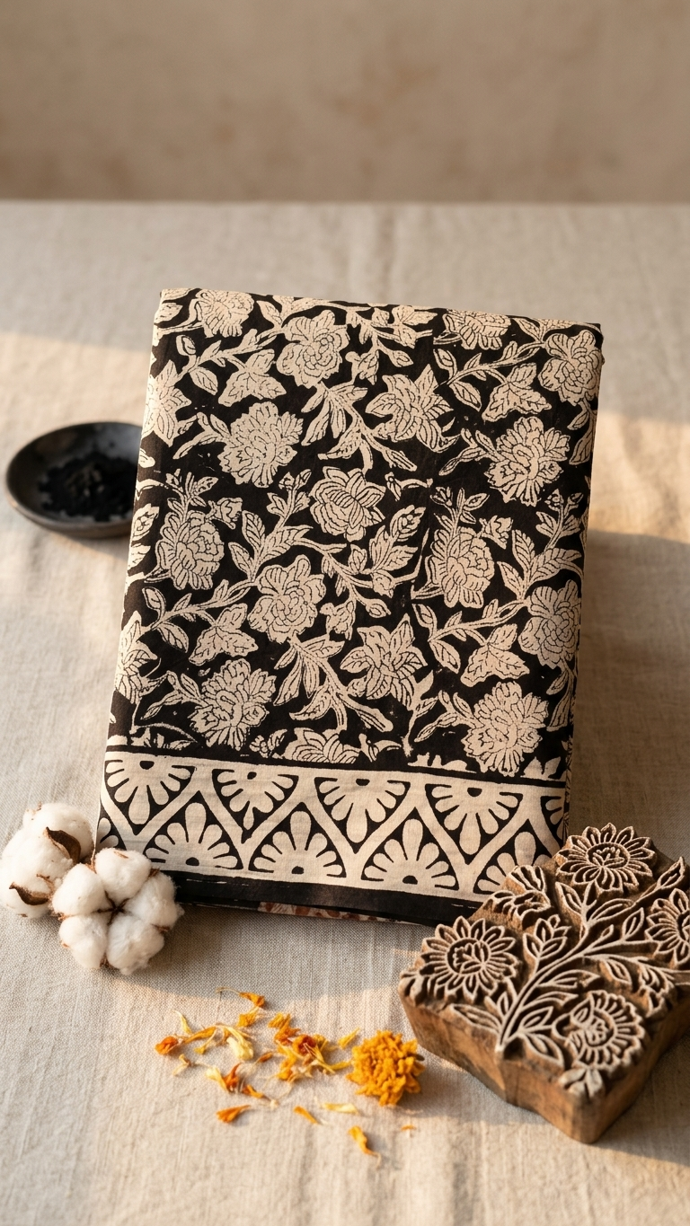 Black Floral Handblock Printed Cotton Saree with Ivory Border