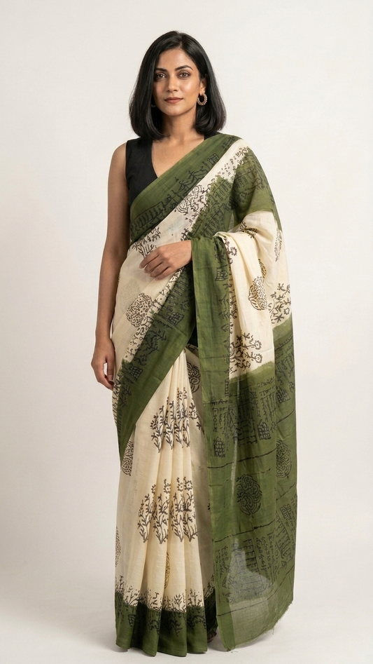 Olive Green & Off White Printed Cotton Saree for Women