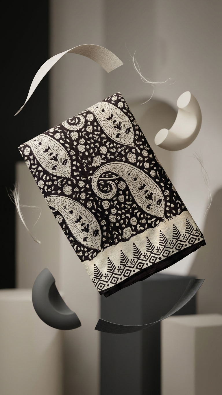 Black Paisley Handblock Printed Cotton Saree with Ivory Border