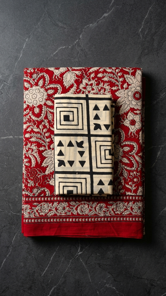 Red Handblock Printed Cotton Saree with Floral Border