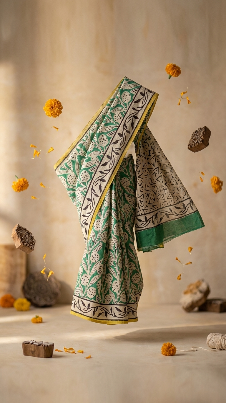 Emerald Green Floral Handblock Printed Cotton Saree with Yellow Border