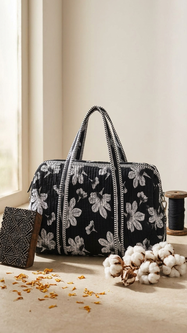 Black & White Floral Block Print Quilted Duffle Bag