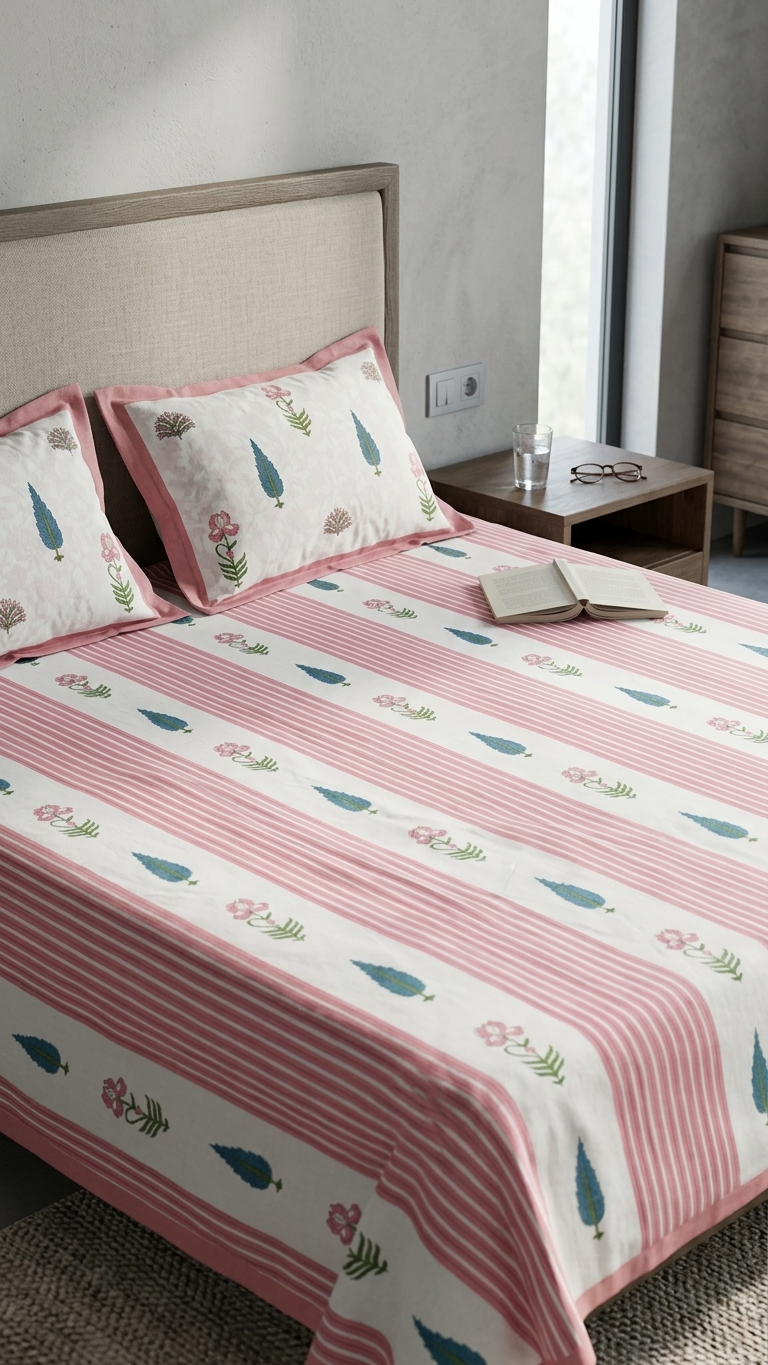 Pink Stripe Floral Block Print Cotton Bedsheet Set