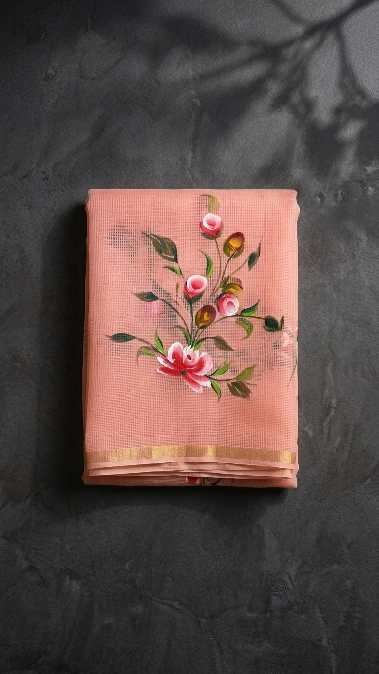 Peach Kota Saree with Hand-Painted Floral Motifs & Gold Zari Border