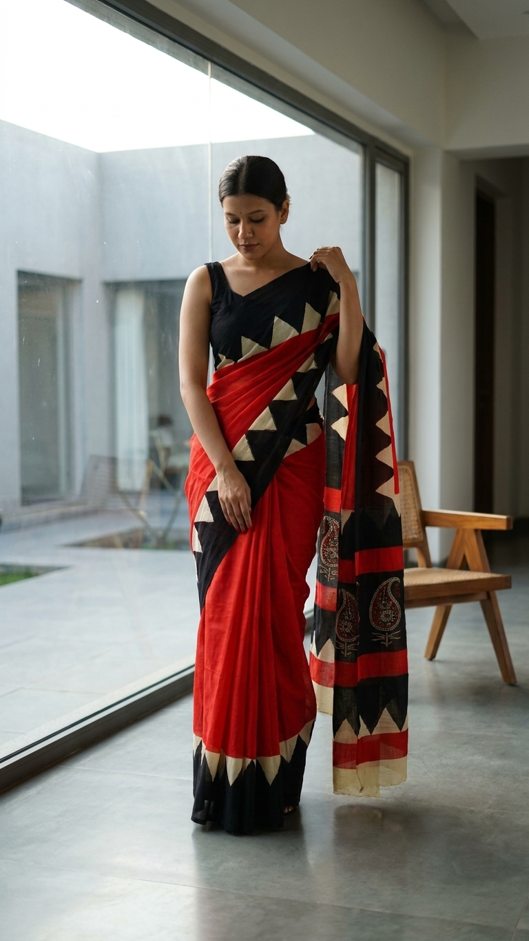 Hand Block Print Cotton Saree in Red & Black – Bold Zigzag Border with Paisley Pallu