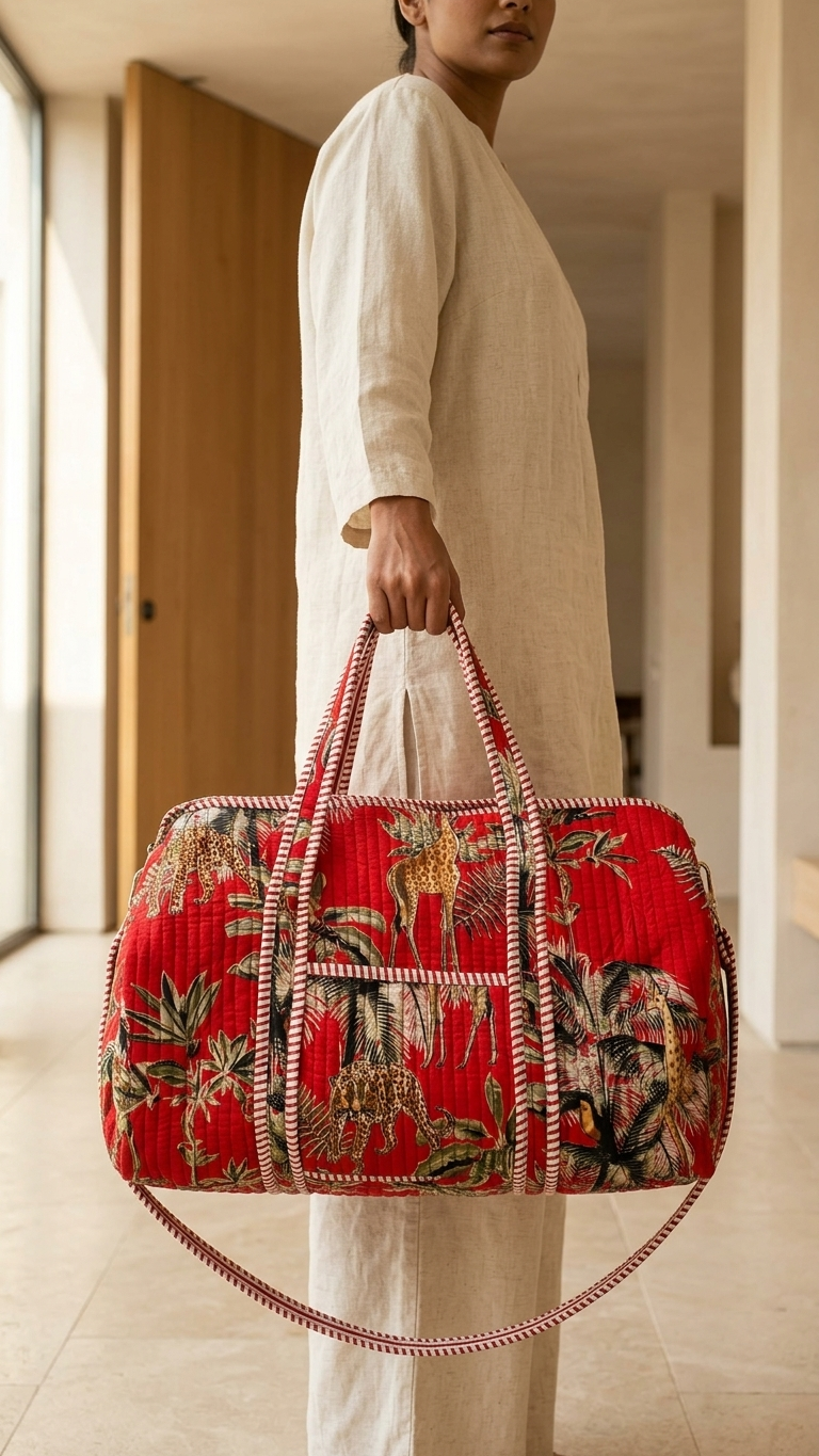 Red Safari Jungle Print Quilted Duffle Bag