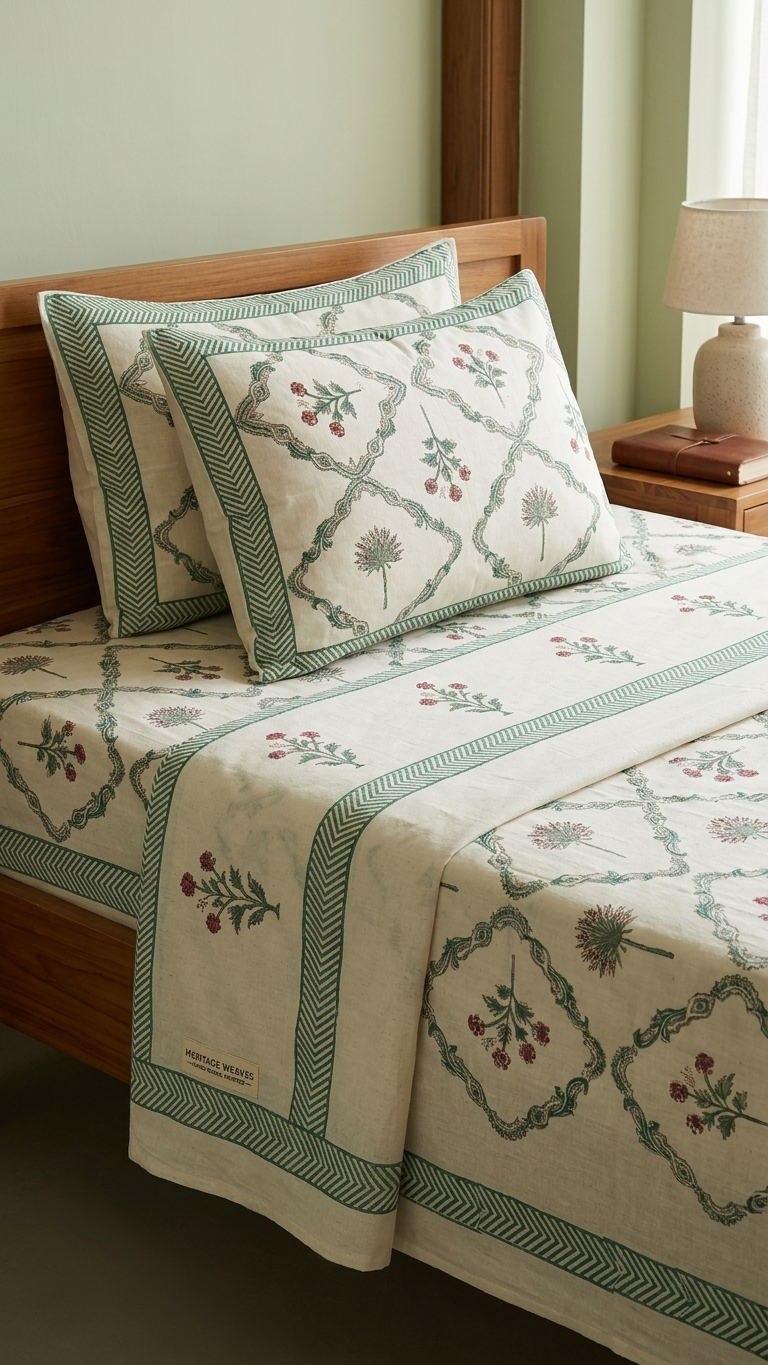 Ivory Emerald & Rose Floral Medallion Print Cotton Bedsheet Set