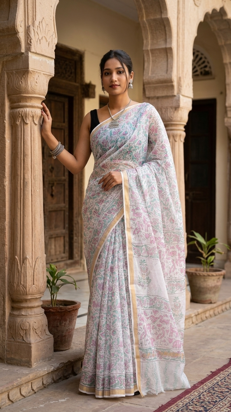 White Kota Saree with Multicolour Floral Block Print & Gold Zari Border