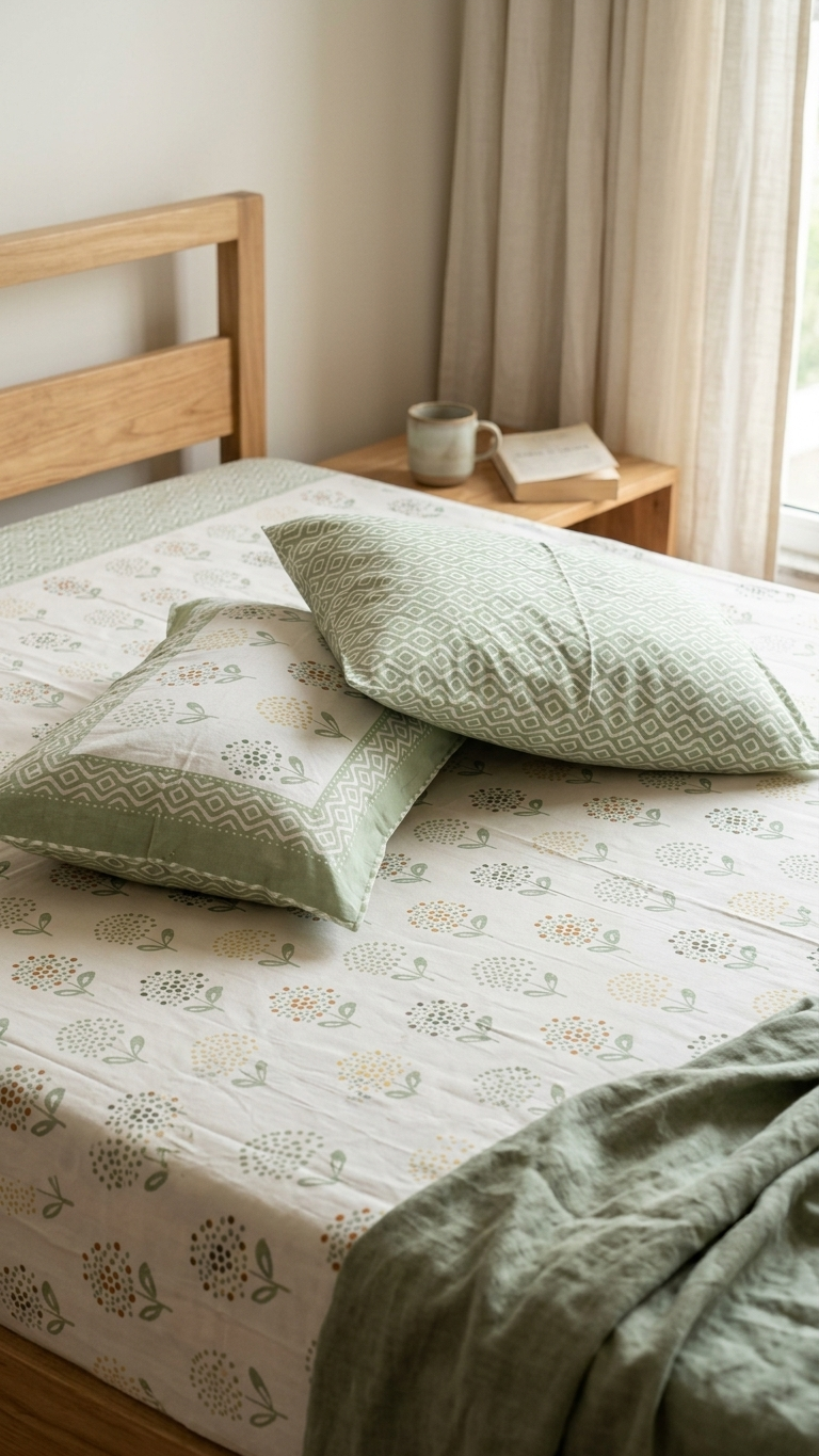 Sage Green Dotted Floral Block Print Cotton Bedsheet Set