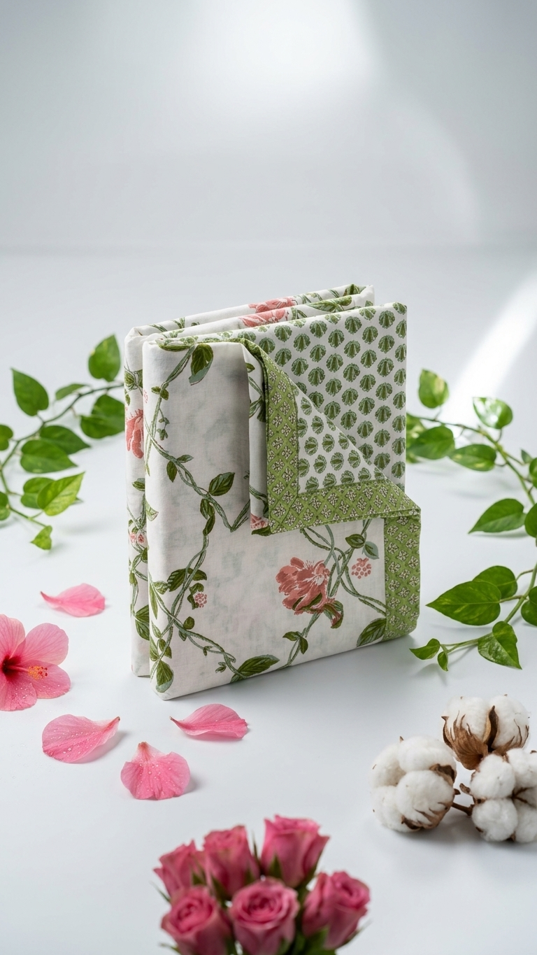 Pink Rose & Green Vine Block Print Cotton Bedsheet Set