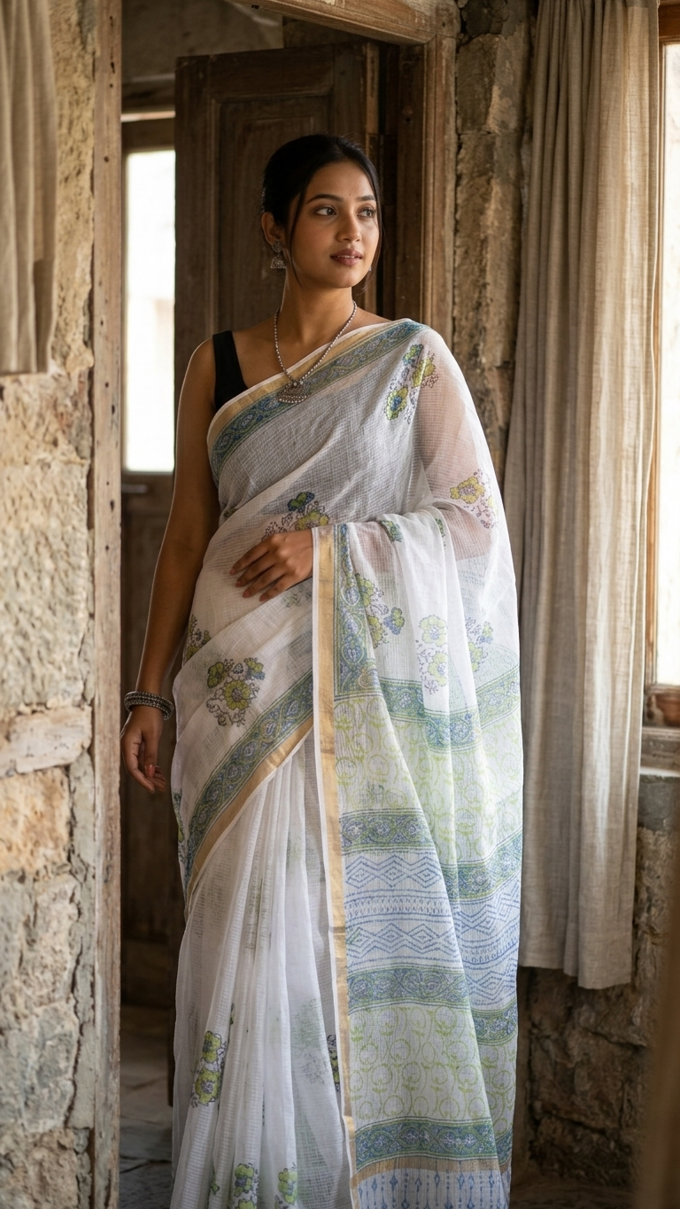 Off-White Hand Block Printed Kota Saree