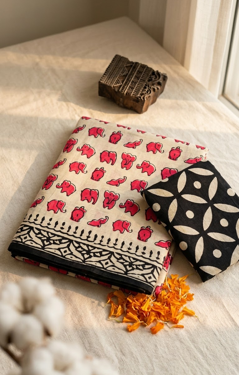 Ivory & Pink Elephant Print Cotton Saree with Black Contrast Border
