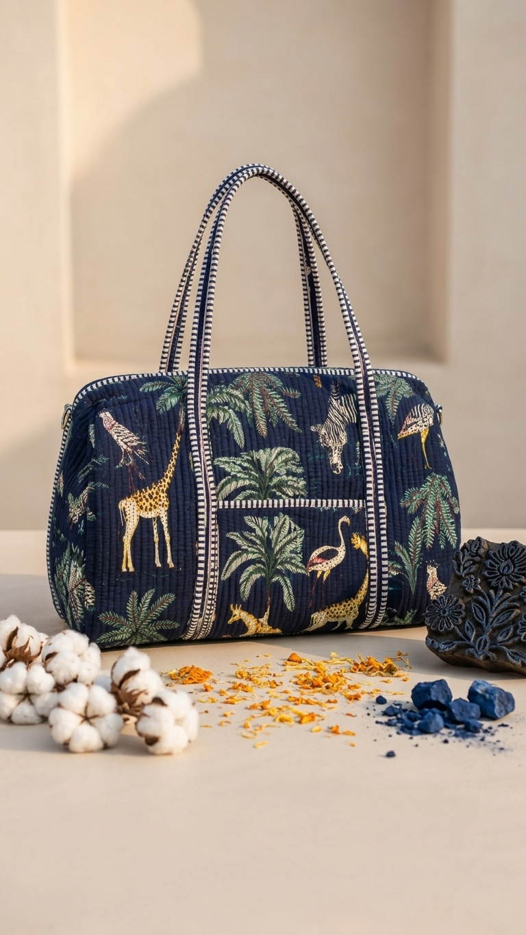 Navy Blue Safari Jungle Quilted Duffle Bag