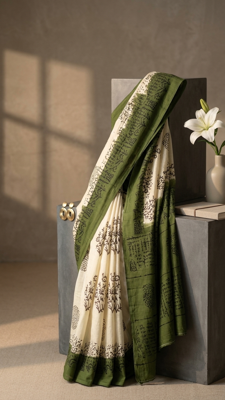 Olive Green & Off White Printed Cotton Saree for Women