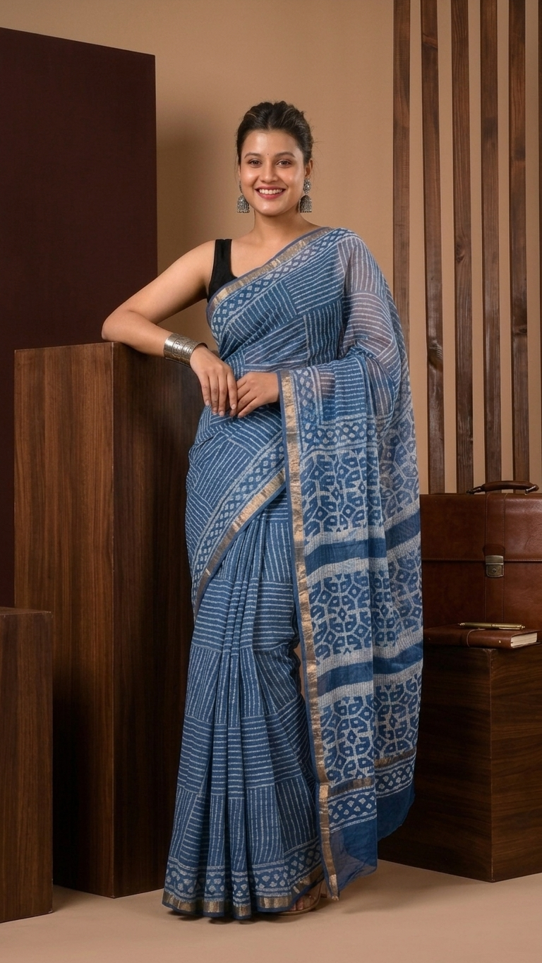Indigo Hand Block Print Kota Doria Saree – Patchwork Geometric & Stripe Pattern