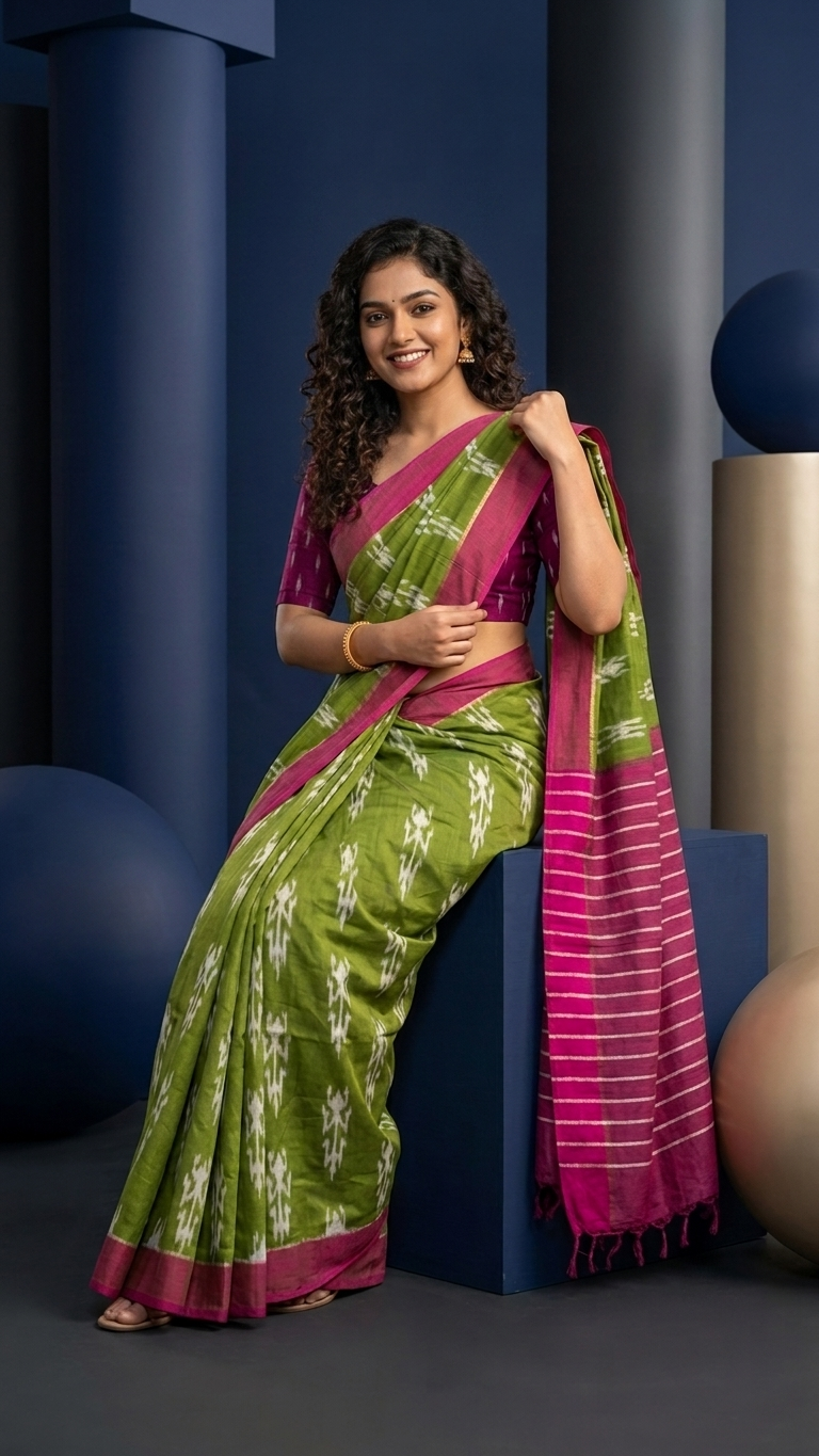 Olive Green Ikat Cotton Saree