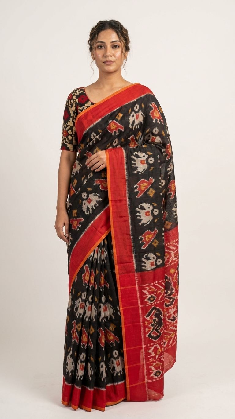 Black Ikat Saree with Red Border for Women