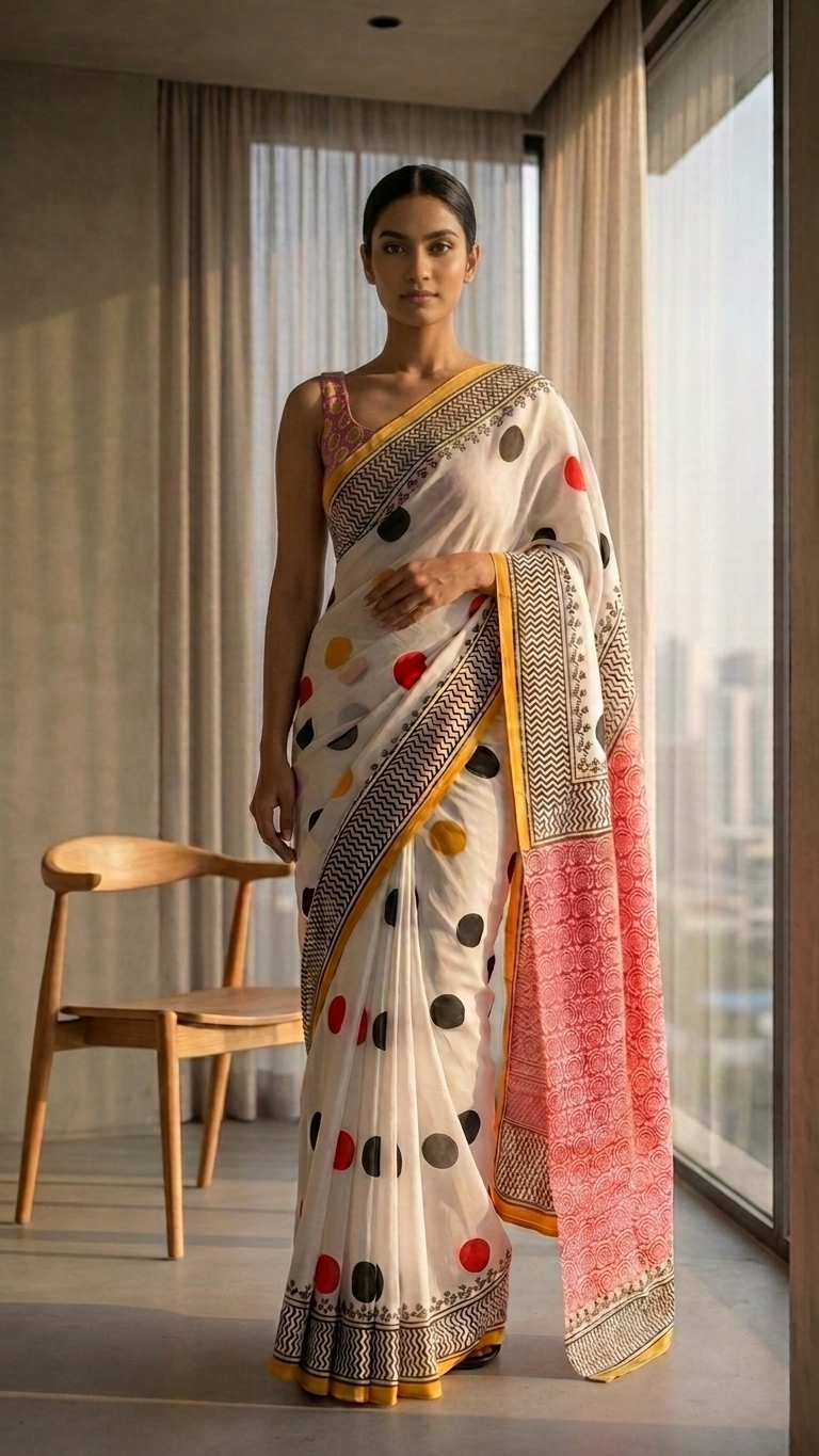 Elegant Printed Cotton Saree for Women with Polka Dot & Geometric Border Design