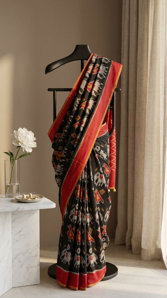 Black Ikat Saree with Red Border for Women