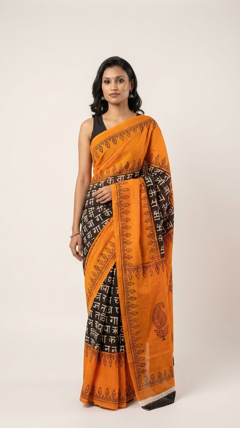 Black & Orange Printed Cotton Saree for Women | Sanskrit Script Designer Saree