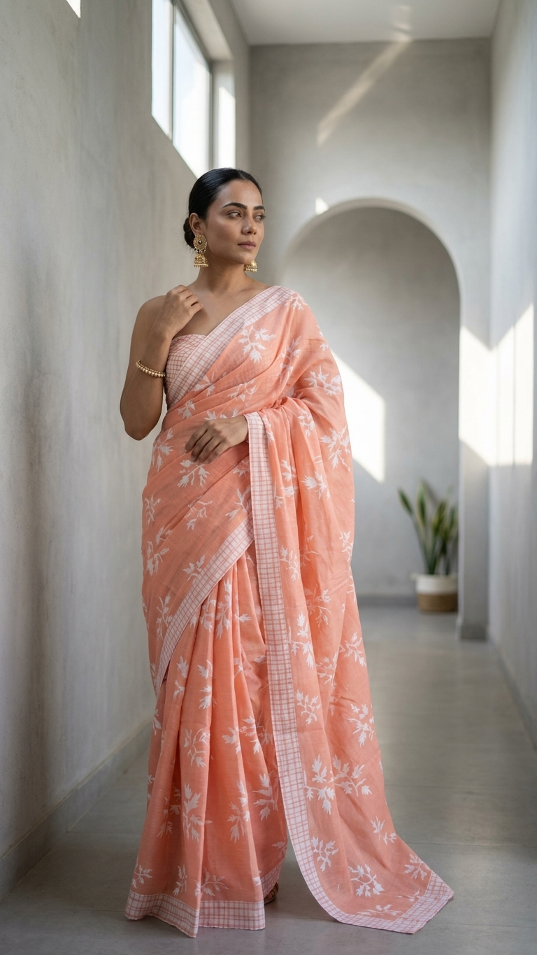 Peach Floral Print Cotton Saree