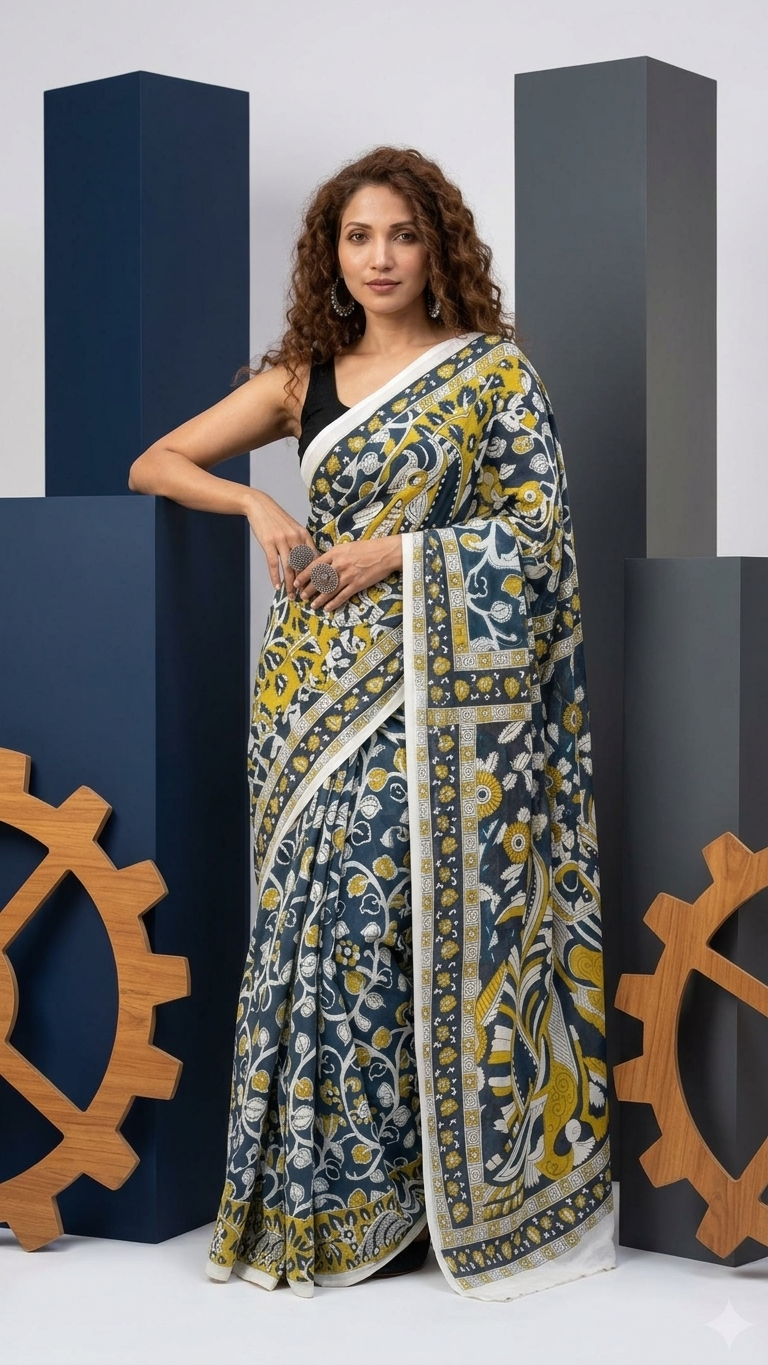 Deep Teal Kalamkari Hand Block Printed Cotton Saree