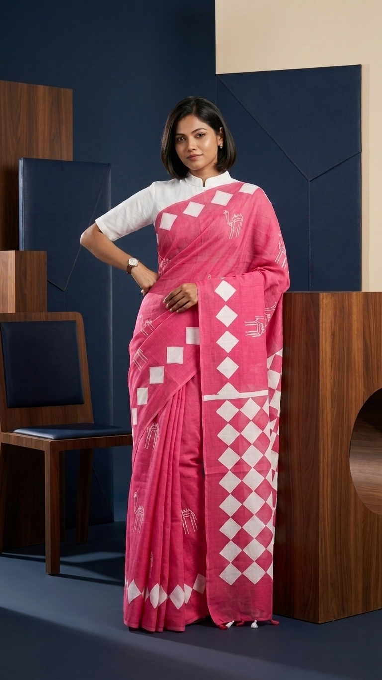 Pink Hand Block Printed Cotton Saree | Rajasthani Camel & Geometric Diamond Motifs