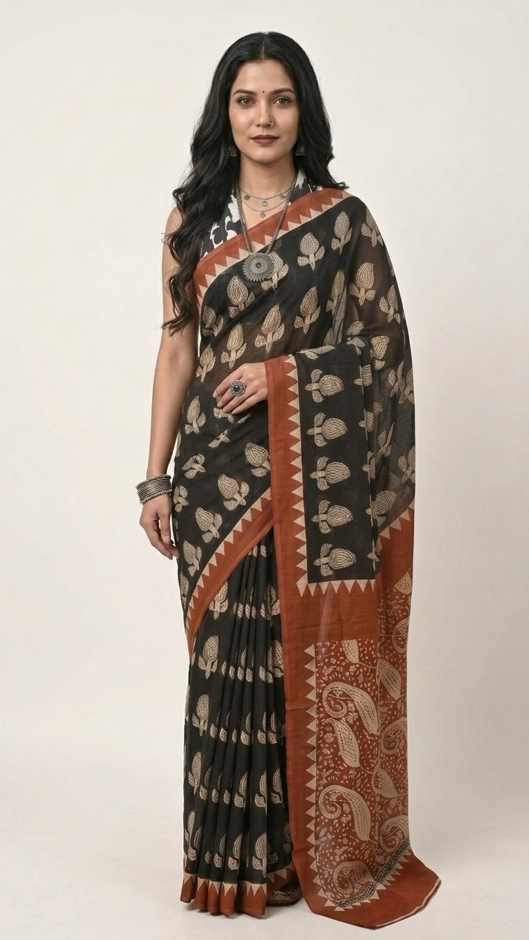 Black Hand Block Printed Cotton Saree with Rust Border