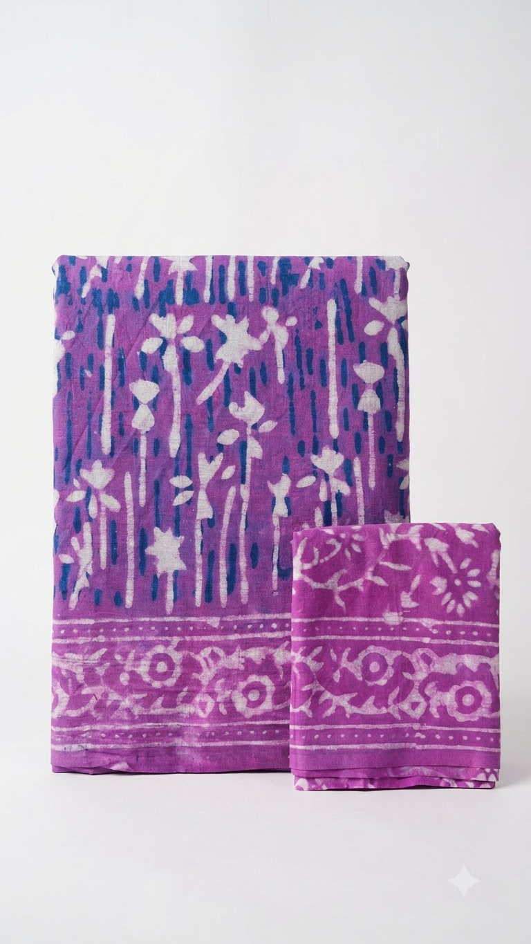 Purple Floral Printed Cotton Mul Saree with Indigo Accents & Traditional Border