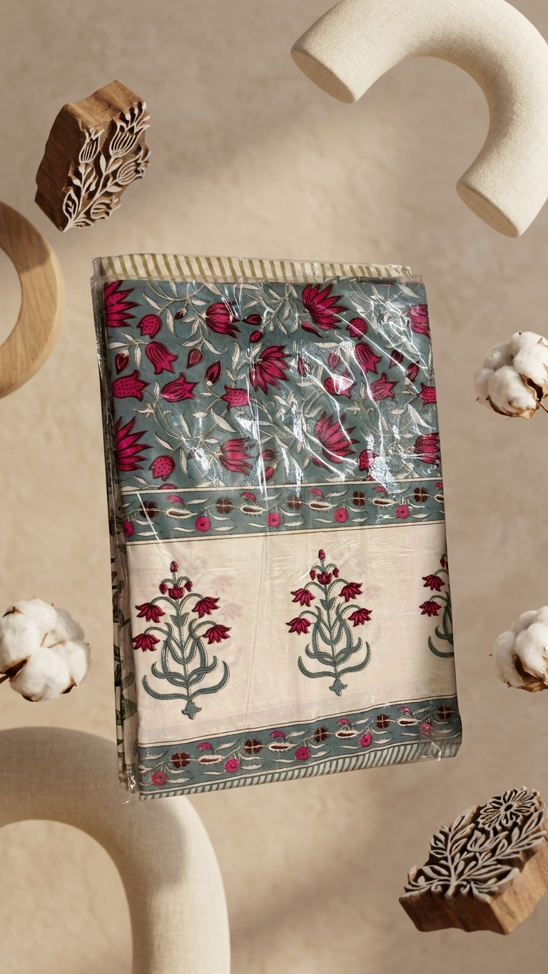 Sage & Magenta Tulip Vine Block Print Cotton Bedsheet Set styled on a bed