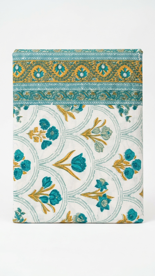 Teal Blossom & Gold Trellis Block Print Cotton Bedsheet Set folded on white background