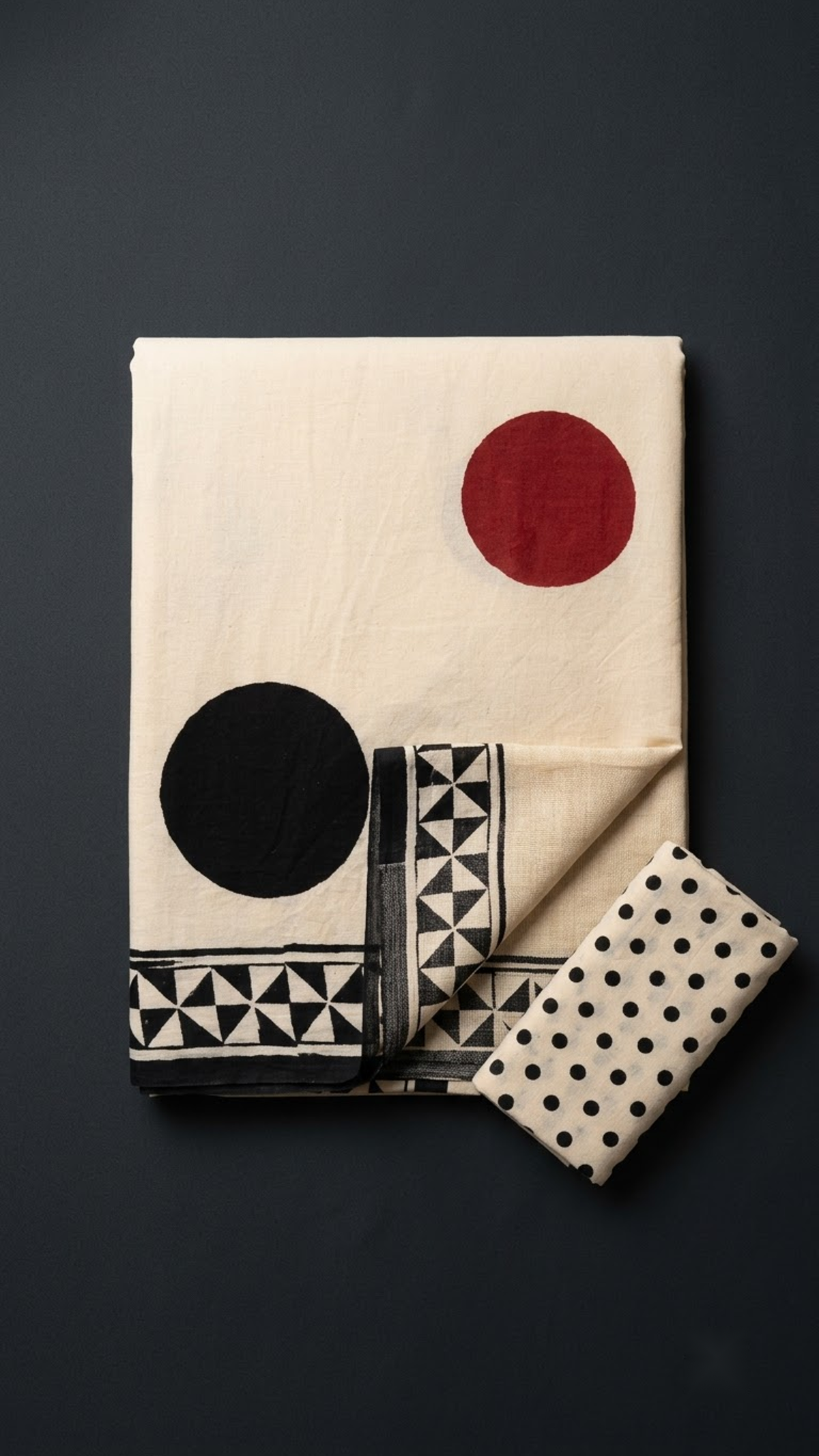 Ivory cotton saree with black and red circles, a black geometric border, and an ivory polka dot blouse piece, folded on a charcoal background