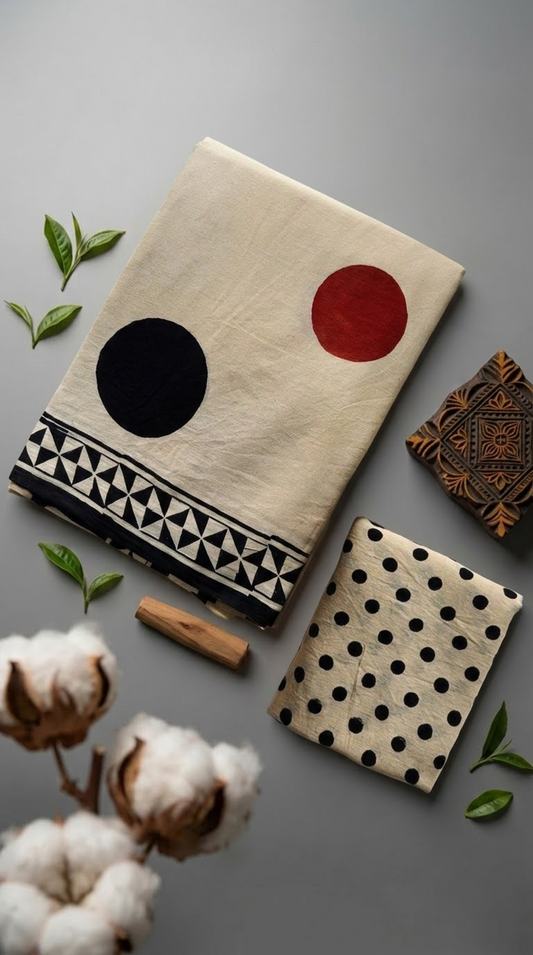 Ivory cotton saree with black and red circles, a black geometric border, and an ivory polka dot blouse piece, arranged with the blouse piece in a styled flat lay