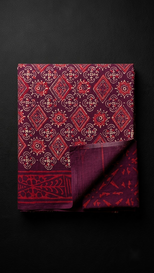 Burgundy cotton saree with a floral geometric print, red patterned border, and burgundy abstract-print blouse piece, folded on a charcoal background