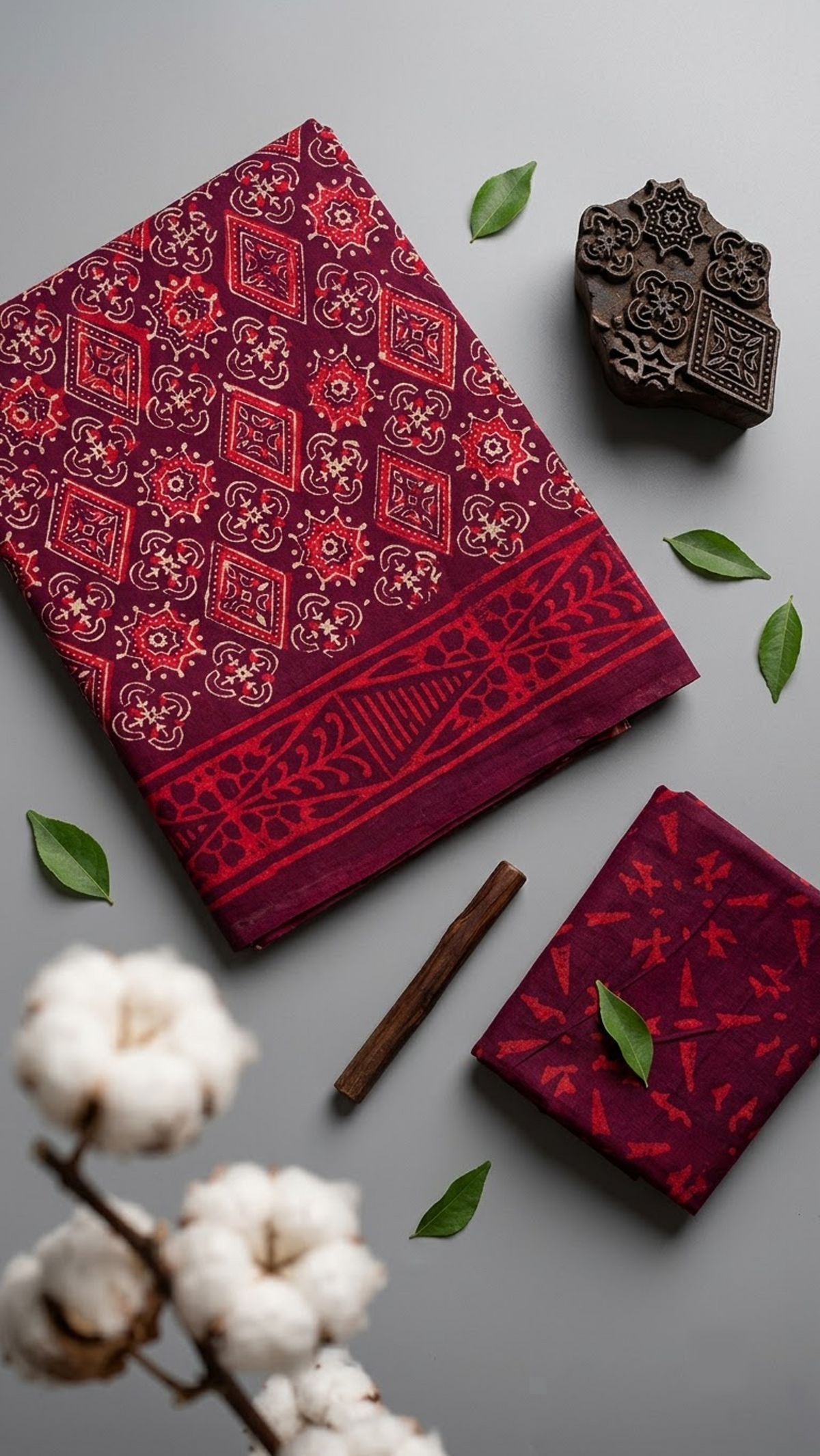 Burgundy cotton saree with a floral geometric print, red patterned border, and burgundy abstract-print blouse piece, shown with the blouse piece in a close detail view