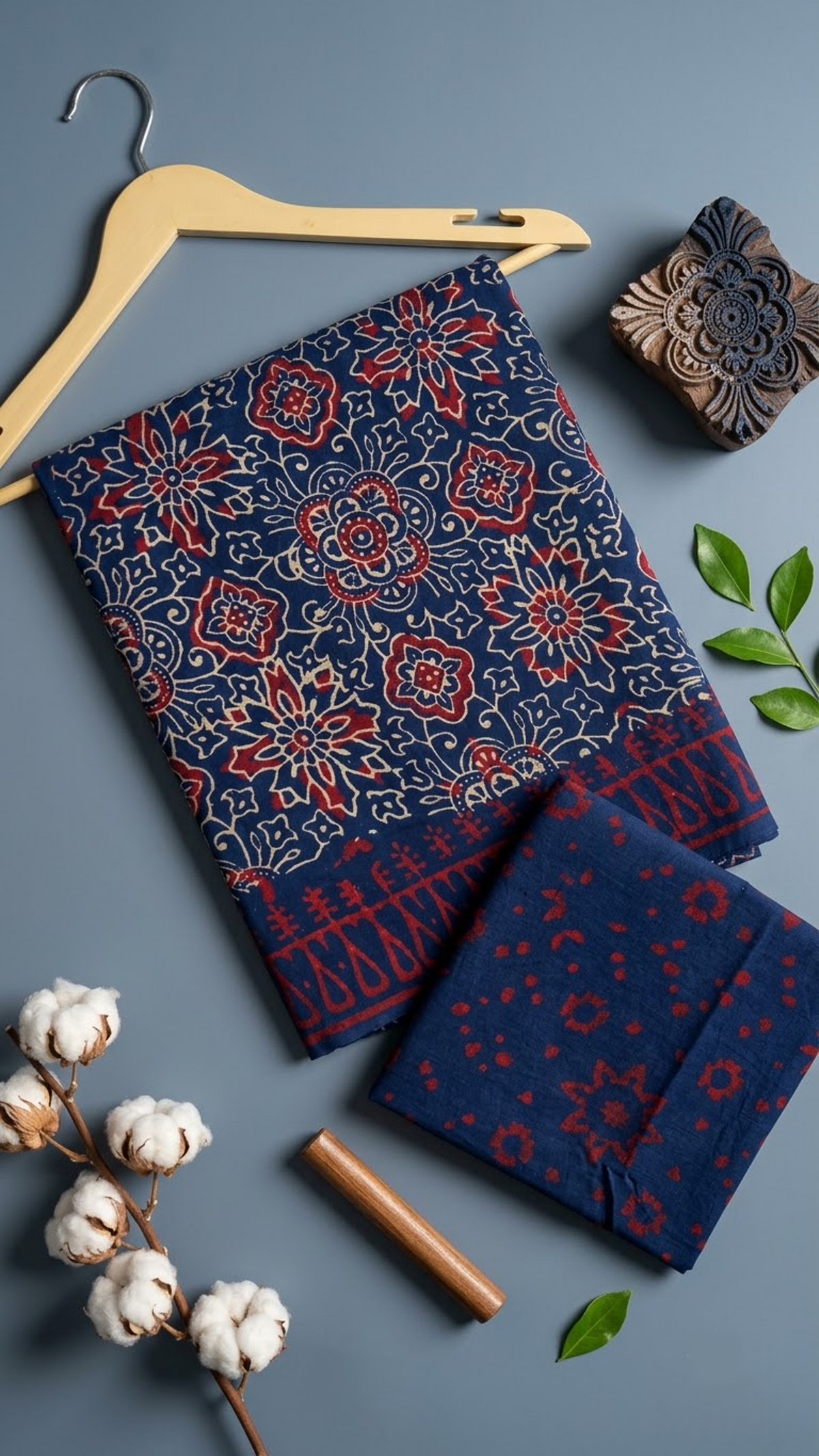 Close detail of navy floral medallions, red border, and coordinating blouse piece