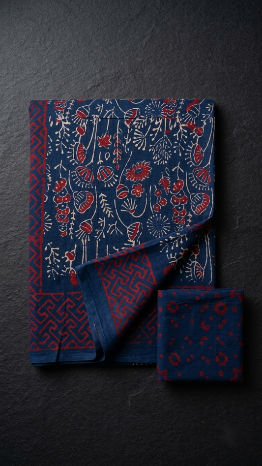 Navy cotton saree with red and ivory floral vines, red ornamental border, and navy floral blouse piece, folded on a charcoal background