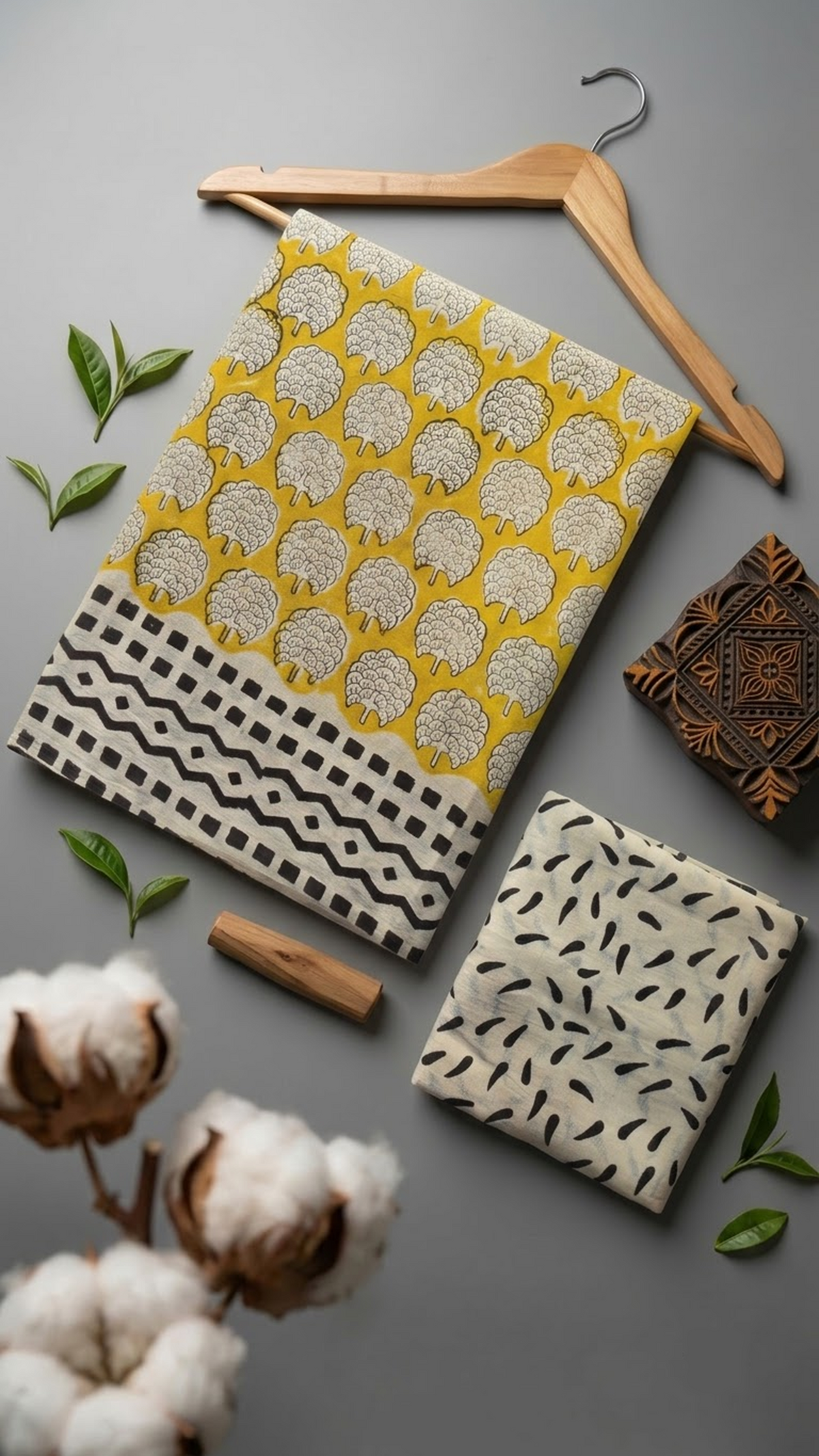 Yellow cotton saree with ivory floral medallions, black geometric border, and ivory black leaf-print blouse piece, arranged with the blouse piece in a styled flat lay