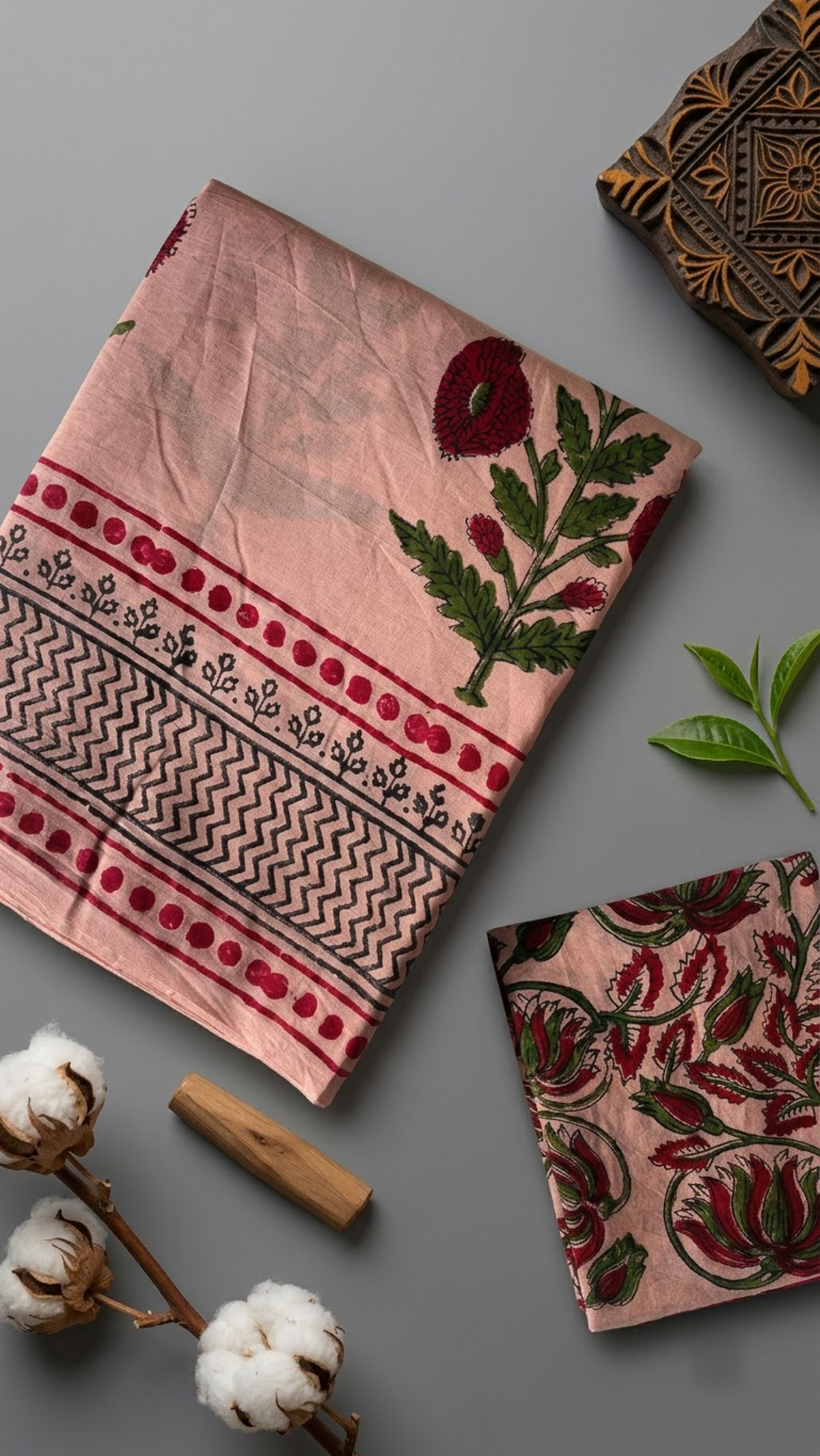 Close view of peach pink fabric, red blooms, green leaves, and patterned border with floral blouse piece