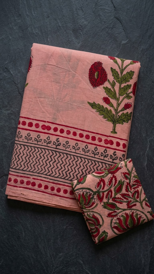 Peach pink botanical cotton saree with red and green sprigs and zigzag border, folded on charcoal