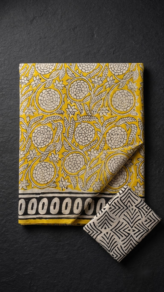 Yellow cotton saree with cream floral medallions and vines, black oval-loop border, and cream geometric blouse piece folded on a charcoal background