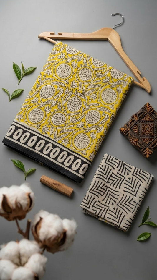 Yellow floral-vine cotton saree with black oval-loop border and cream geometric blouse piece in an artisan flat lay